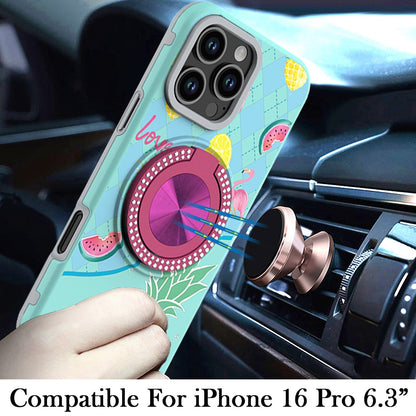 For Apple iPhone 16 Pro Pattern Design Hybrid with Invisible Ring Stand & Magnetic Back, Shockproof Protective Grip Case Cover