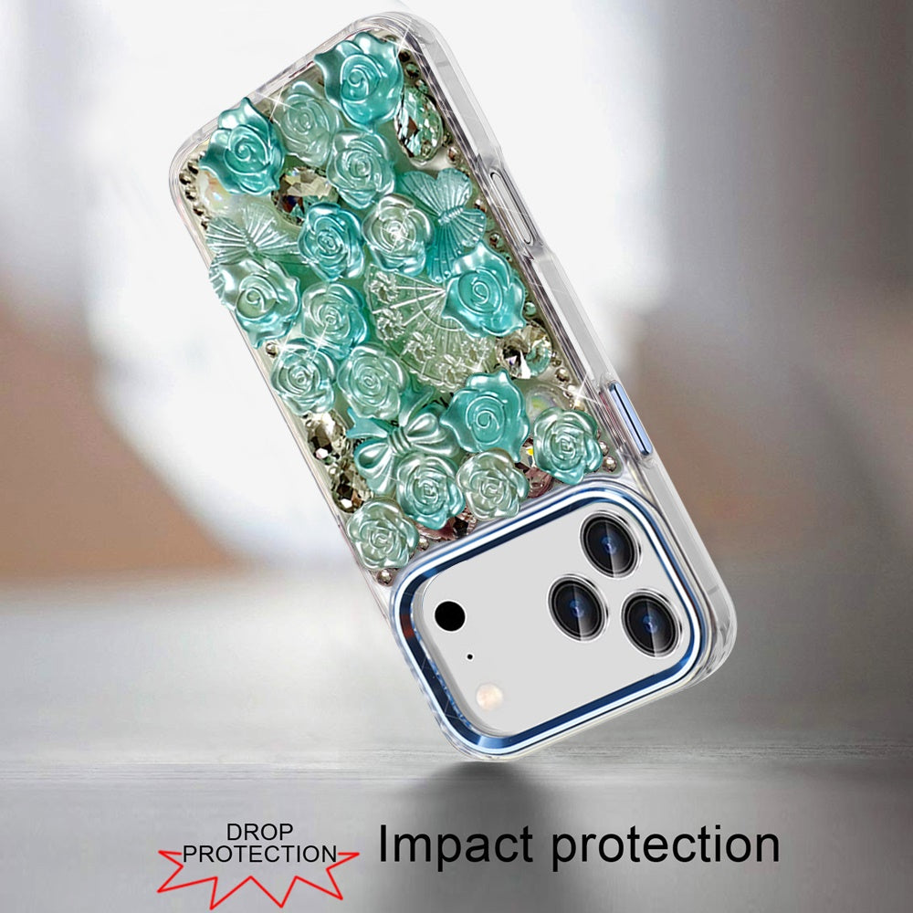 For Apple iPhone 17 Pro (6.3") Muti-Color Floral Fashion Bling Crystal 3D Full Diamonds Stones Sparkle Rhinestone Glitter Hybrid Case Cover