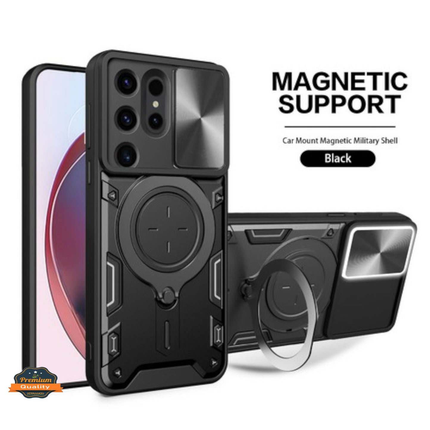 For Samsung Galaxy S26 Ultra Hybrid Shockproof with Magnetic Ring Stand, Compatible with Magsafe & Sliding Camera Lens Protector Case Cover Black