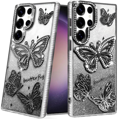For Samsung Galaxy S24 Ultra Luxury Butterfly Sparkle Glitter Diamond Crystal Rhinestone Shimmer Bling Plating Thick TPU Hard PC Case Cover