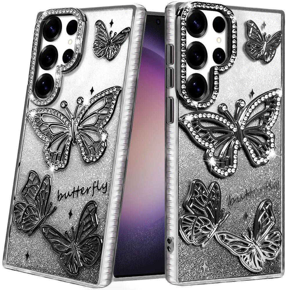 For Samsung Galaxy S25 Ultra Luxury Butterfly Sparkle Glitter Diamond Crystal Rhinestone Shimmer Bling Plating Thick TPU Hard PC Case Cover