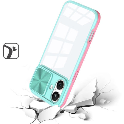 For Apple iPhone 16 Plus Hybrid Cases with Sliding Camera Cover Transparent Shockproof Bumper TPU Protective Case Cover Pink/Blue