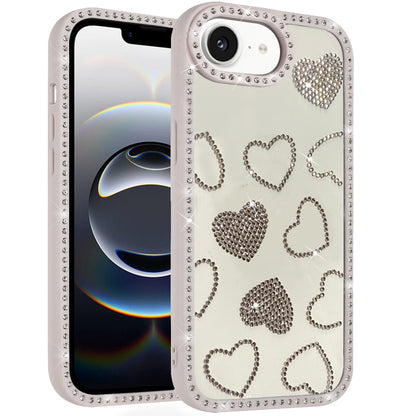 For Apple iPhone 17E /16E Spread Love Glitter Shimmer Bling Diamond Edge Hybrid Drop Protection Shockproof Design Case Cover Beige
