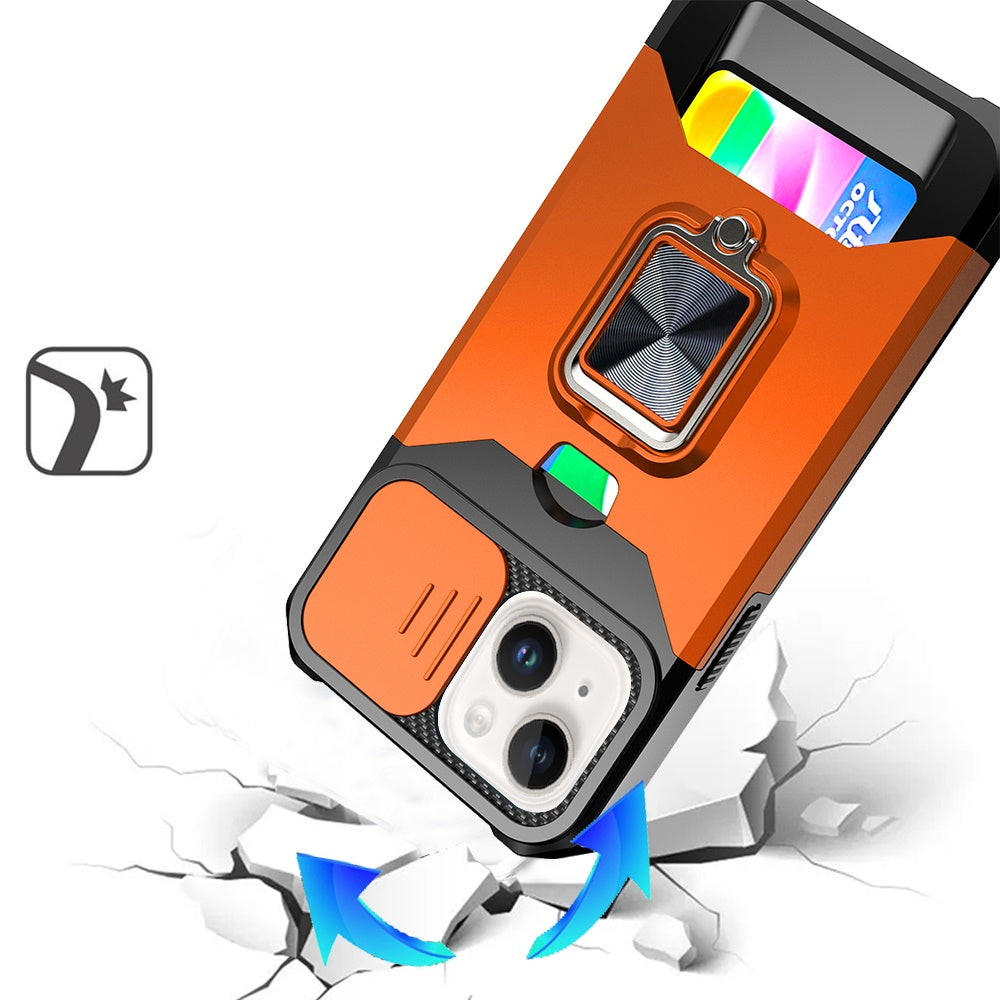 Phone Case for iPhone 15 (6.1") Card Holder Magnetic Ring Stand Shockproof Anti Slip Wallet Grip Protective Hybrid Design Cover Cosmic Orange
