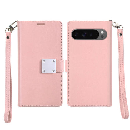 For Google Pixel 10 /Pixel 10 Pro Wallet Case with ID/ Card Holder, Wristlet Strap, Magnetic TPU Protective Shockproof Folio Flip Case Cover Rose Gold
