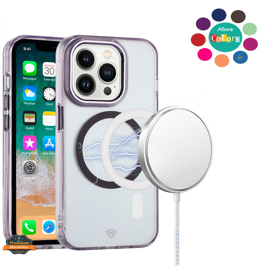 For Apple iPhone 14 /13 Transparent Back Hybrid Case - Magnetic Circle, Color Frame, Metal Buttons, MagSafe Compatible Case Cover