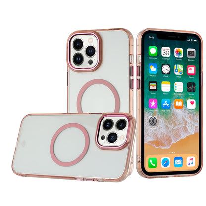 For Apple iPhone 13 Pro Transparent Back Hybrid Case - Magnetic Circle, Color Frame, Metal Buttons, MagSafe Compatible Case Cover Rose Gold