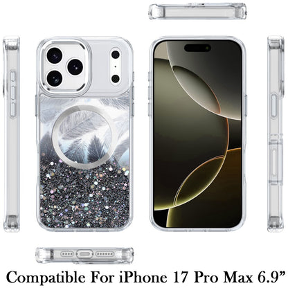 For Apple iPhone 17 Pro Max (6.9") Epoxy Glitter Shimmer Fashion Case with Magnetic Magsafe Compatible Hybrid Sparkling Slim Protective Case Cover Cosmic Orange