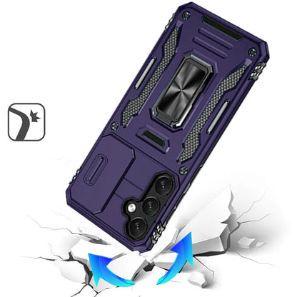 For Samsung Galaxy S25 FE, S25 Fan Edition Tough Hybrid Case with Movable Camera Window & Metal Ring Stand Shockproof Case Cover Dark Purple