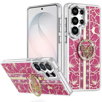 For Samsung Galaxy S26 Ultra Diamonds 3D Butterfly Floral Design Bling Sparkly Glitter Hybrid Metal Fashion with Ring Stand Case Cover