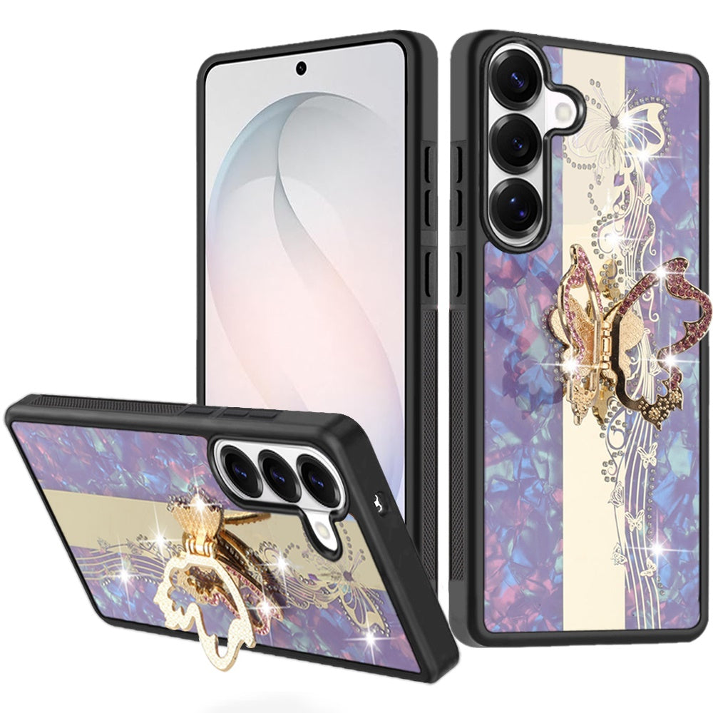 For Samsung Galaxy S26 Diamonds 3D Butterfly Bling Sparkly Glitter Ornaments Engraving Hybrid Metal Fashion Case Cover Garden Butterflies Cosmic Orang