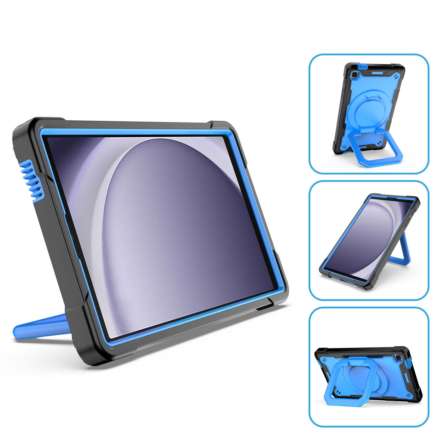 For Tough Hybrid 3 in 1 Case with 180° Rotating Kickstand, Adjustable Shoulder Strap, Shockproof TPU Rubber PC Black / Blue Tablet Case Cover