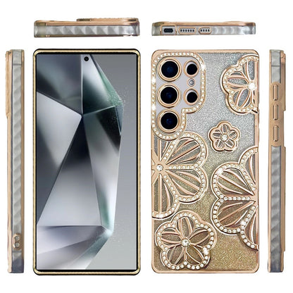 For Samsung Galaxy S24 Ultra Luxury Flower Design Sparkle Glitter Diamond Rhinestone Shimmer Bling Plating Thick TPU Hard PC Case Cover