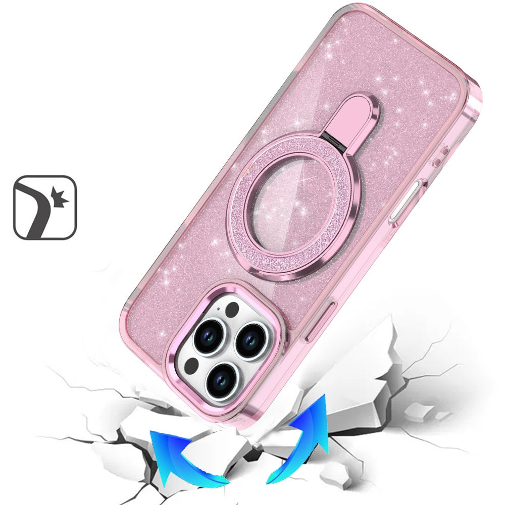 For iPhone 16 Pro Max (6.9") Transparent Glitter Bling Case with Rotating Magnetic Ring Stand, Shockproof Hybrid Protector Light Pink