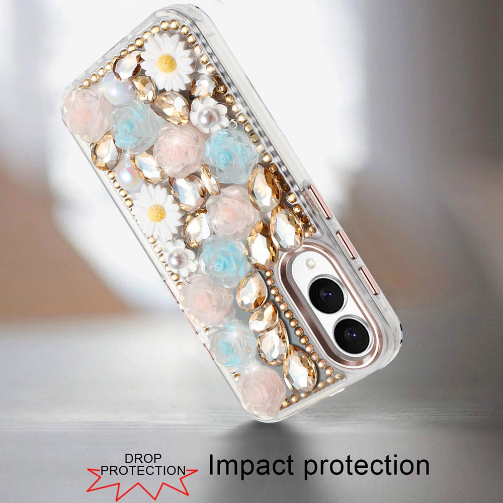 For Samsung Galaxy S25 Edge Fashion Daisy Floral Series, Full 3D Bling Crystal Diamonds Sparkling Rhinestone Glitter Hybrid Design Case Cover