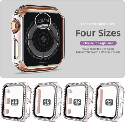 For Apple Watch Size 45mm Luxury Bling Cover Diamond Electroplate Rhinestone Bumper Protective Frame with Tempered Glass Screen Protector Case Cover Clear