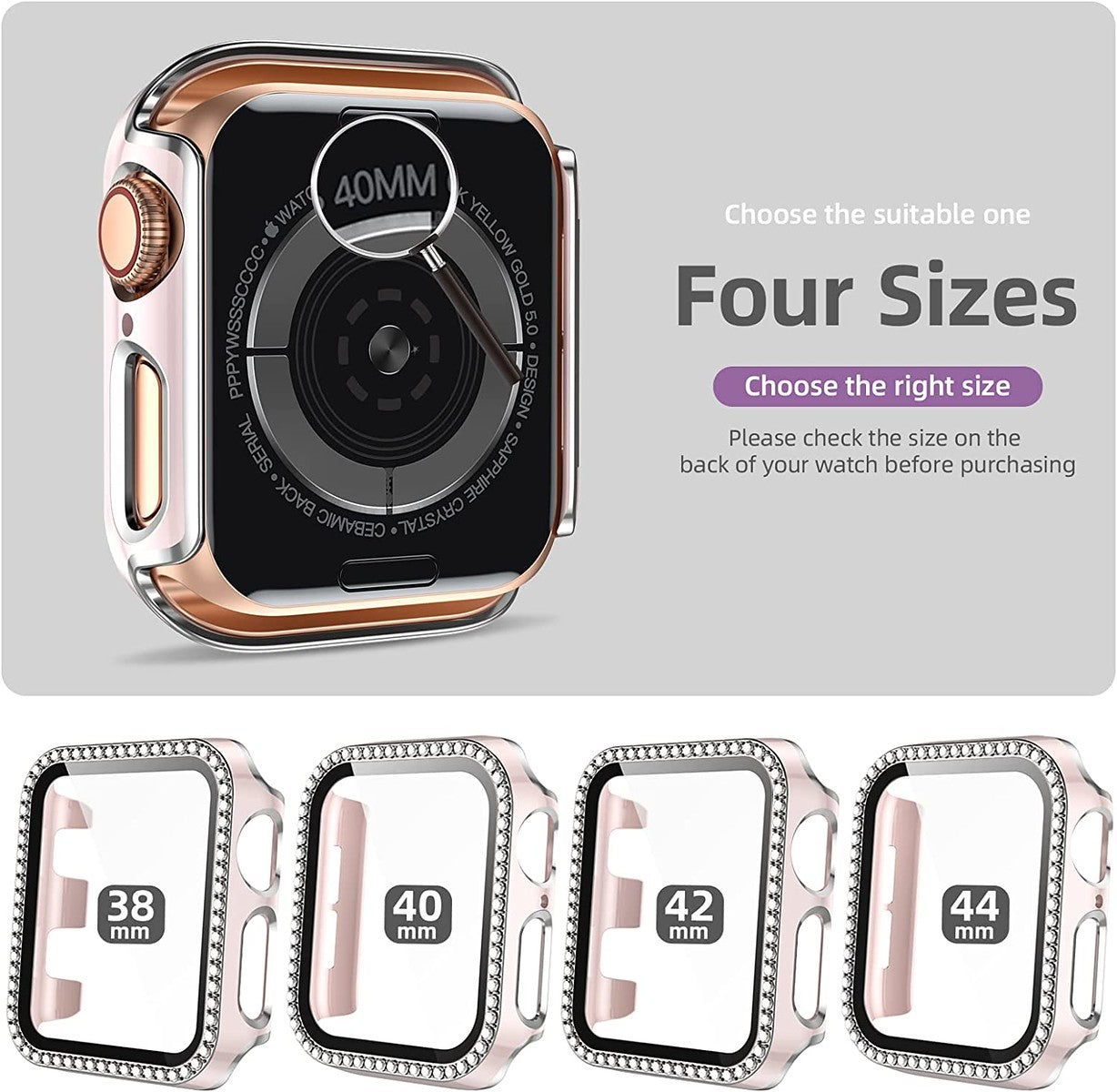 For Apple Watch Size 46mm Luxury Bling Cover Diamond Electroplate Rhinestone Bumper Protective Frame with Tempered Glass Screen Protector Case Cover