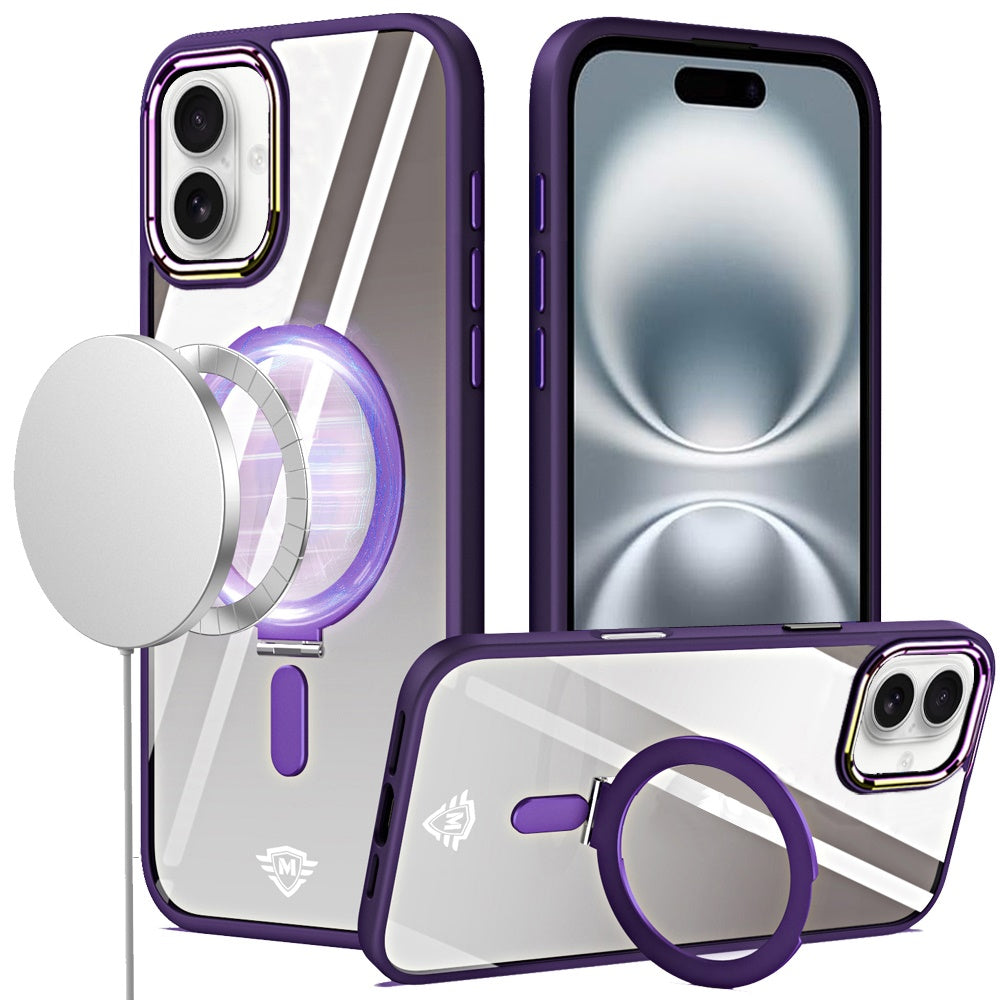 For Apple iPhone 16 Plus Magnetic Ring Stand Hybrid MagSafe Compatible Shockproof Protection Transparent Back Alloy Chrome Grip Case Cover Dark Purple