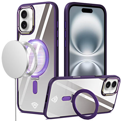 For Apple iPhone 16 Plus Magnetic Ring Stand Hybrid MagSafe Compatible Shockproof Protection Transparent Back Alloy Chrome Grip Case Cover Dark Purple