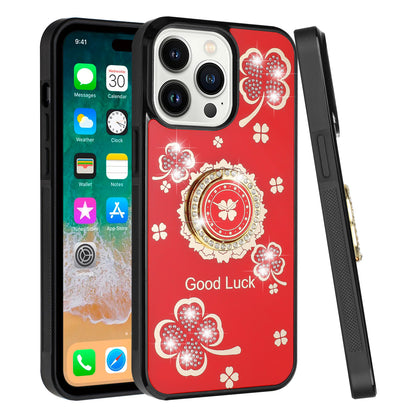For Apple iPhone 16 Pro Diamonds 3D Butterfly Bling Sparkly Glitter Ornaments Engraving Hybrid Metal Fashion Case Cover Good Luck Floral Red