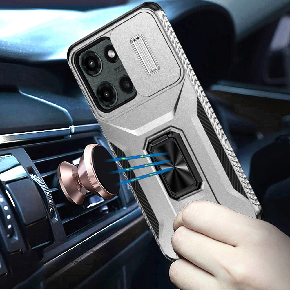 For Motorola Moto G Stylus 5G 2025 Case, Camera Cover with Magnetic Rotation Ring Stand, Military Grade Hybrid Hard TPU Shockproof Case Cover Silver