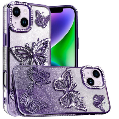 For Apple iPhone 14 /iPhone 13 (6.1") Luxury Butterfly Sparkle Glitter Diamond Crystal Rhinestone Shimmer Bling Plating Thick TPU Hard PC Case Cover