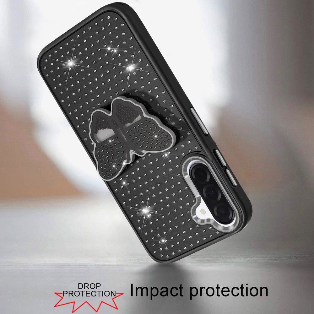 For Samsung Galaxy A37 Butterfly Moveable Grip 3D Pop Stand Full Diamond Bling Sparkling TPU Fashion Hybrid Case Cover