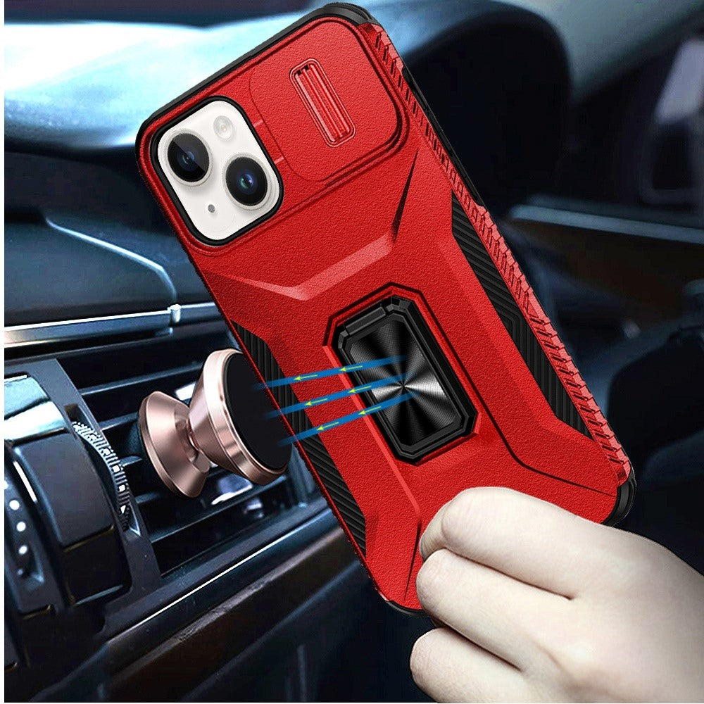 For Apple iPhone 15 Case, Camera Cover with Magnetic Rotation Ring Stand, Military Grade Hybrid Hard TPU Shockproof Case Cover Red