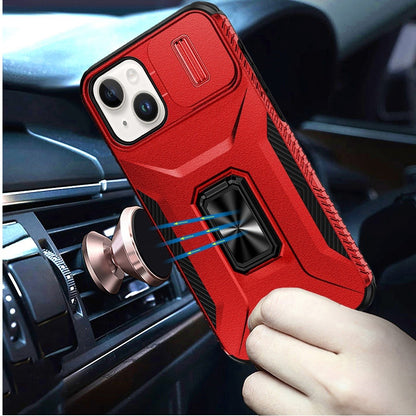 For Apple iPhone 15 Case, Camera Cover with Magnetic Rotation Ring Stand, Military Grade Hybrid Hard TPU Shockproof Case Cover Red