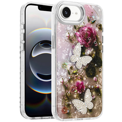 For Apple iPhone 16e Epoxy Glitter Flowers Bling 3D Butterfly Fashion TPU Hybrid with Shockproof Protection Case Cover