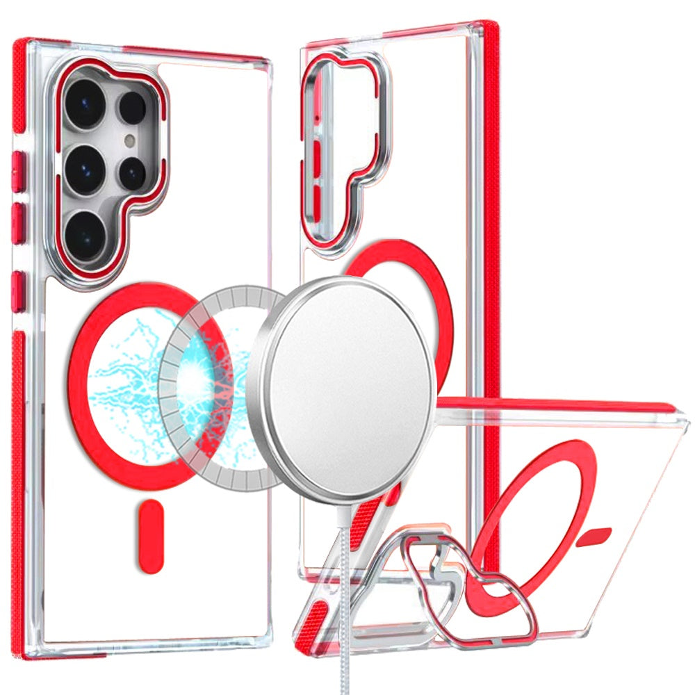 For Samsung Galaxy S25 /S24 Hybrid Clear Back Case with Invisible Camera Bracket Stand, MagSafe Magnetic Circle, Shockproof Color Frame Case Cover