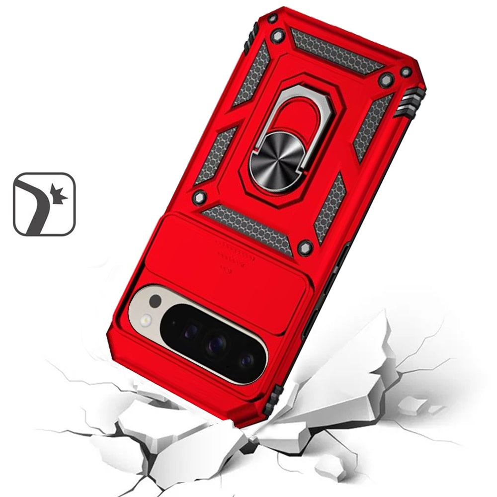 For Google Pixel 9 Pro XL Hybrid Ring Shockproof with 360° Rotate Ring Kickstand, Camera Lens Protection, Soft Edge Bumper Case Cover Red