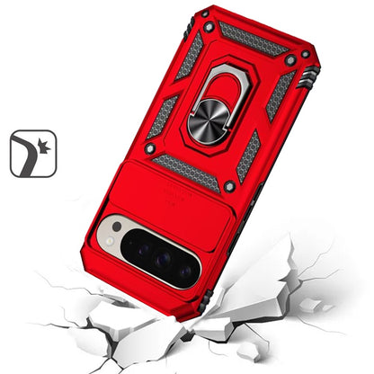 For Google Pixel 9 Pro XL Hybrid Ring Shockproof with 360° Rotate Ring Kickstand, Camera Lens Protection, Soft Edge Bumper Case Cover Red