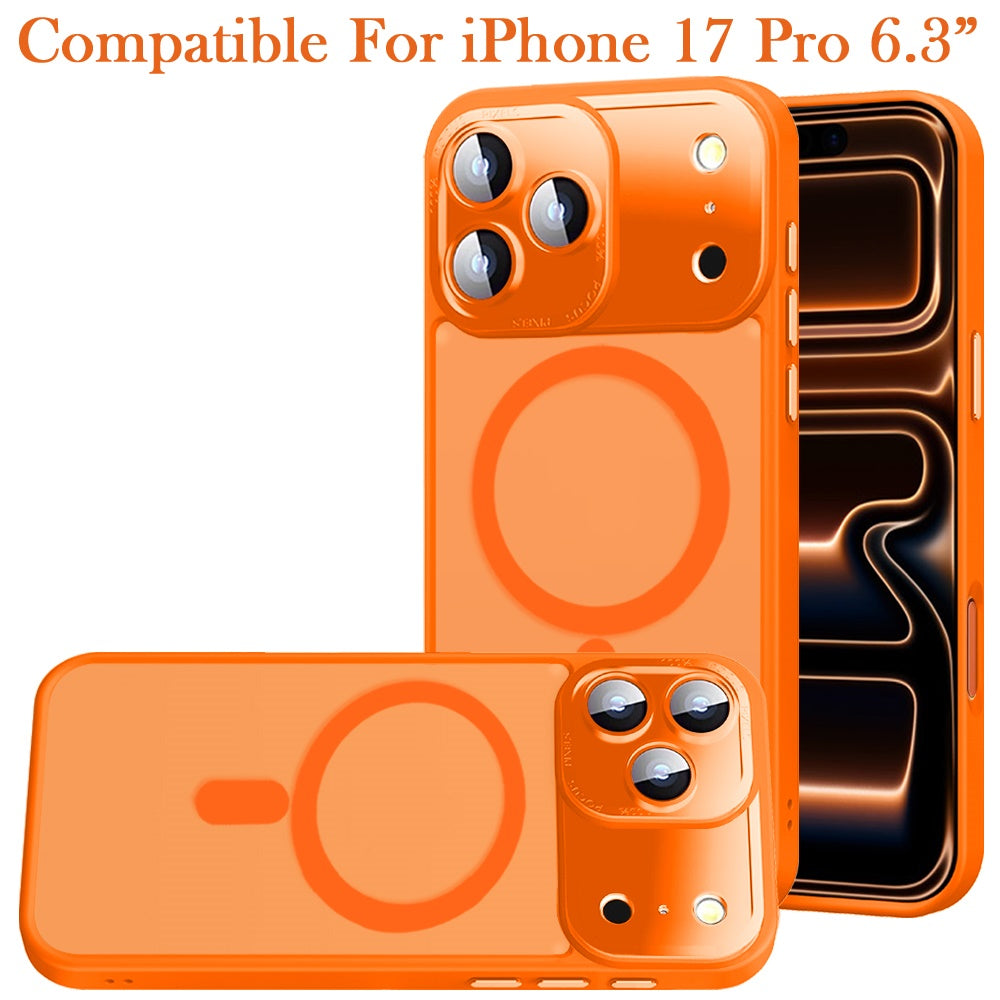 Phone Case for Apple iPhone 17 Pro Shockproof Magnetic Hybrid Metal Frame Tempered Camera Glass Lens Protector Military Drop Protection Armor Cover Cosmic Orange