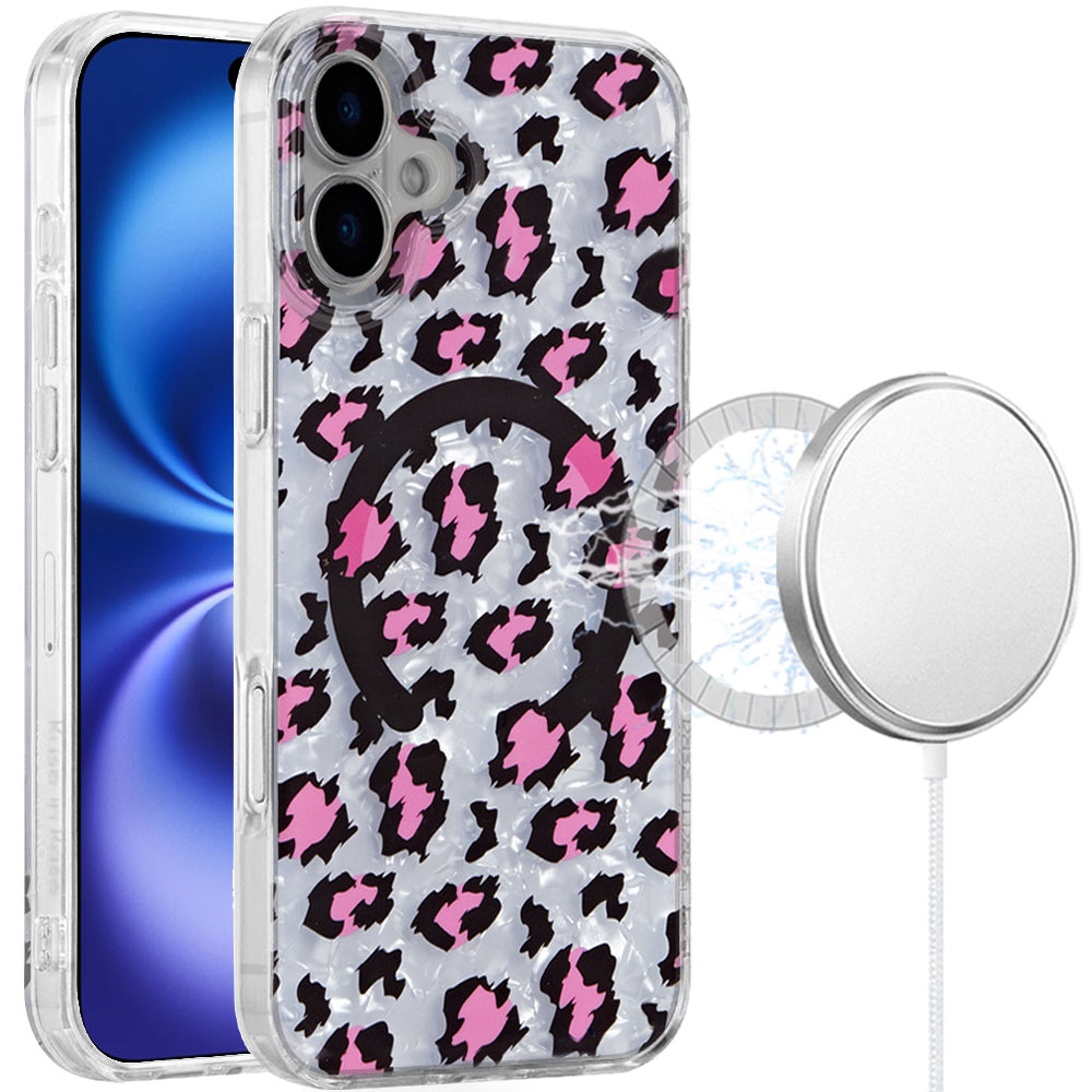 For Apple iPhone 17 Stylish Pattern Fashion IMD Printed Design TPU Double Layer Slim Shockproof with Magnetic Back Case Cover Pink Leopard Skin