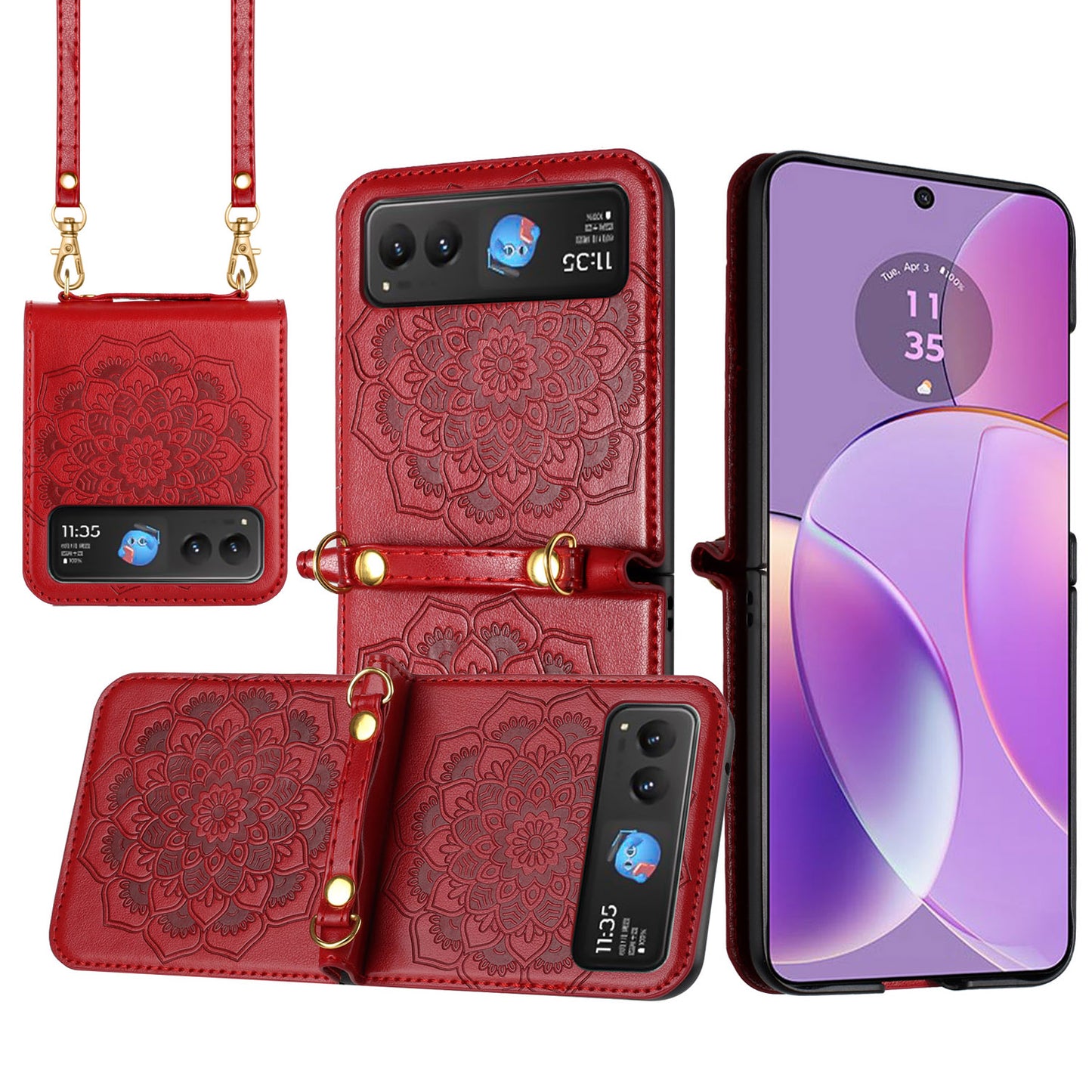 For Motorola Razr 2025 Embossed Floral PU Leather Henna Mandala Design Flip Cover with Strap, Hybrid Protective Case Cover