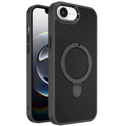 For Apple iPhone 17E /16E Hybrid Carbon Fiber Design with MagSafe Compatible [Magnetic Circle], Ring Stand Shockproof Slim TPU Case Cover