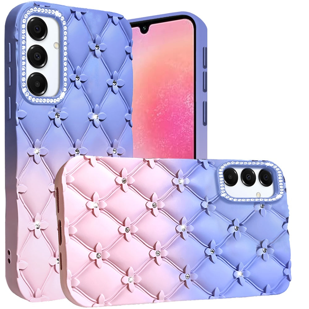 For Samsung Galaxy A26 Fashion Flower Design Sparkle Glitter Shimmer Rhinestone Bling Floral Accents, Leather Texture TPU Case Cover