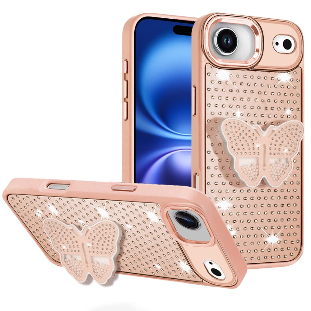 For Apple iPhone 17 Air (6.6") Butterfly Moveable Grip 3D Pop Stand Full Diamond Bling Sparkling TPU Fashion Hybrid Case Cover