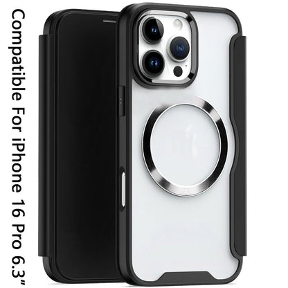 For Apple iPhone 16 Pro (6.3") Flap Wallet Case Credit Card Slot, Clear TPU Back Hard [Magnetic Circle] Compatible with Magsafe Case Cover Black