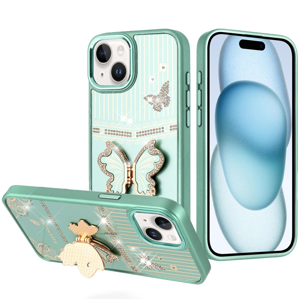 Phone Case for iPhone 15 (6.1") Glitter Bling Butterfly Stand Metallic Edge Hybrid Shockproof Grip Durable Camera Protection Stylish Design Cover Teal