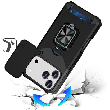 For Apple iPhone 17 Pro (6.3") Wallet Case with Ring Stand & Slide Camera Cover Back Credit Card Slot Holder, Military Grade Case Cover