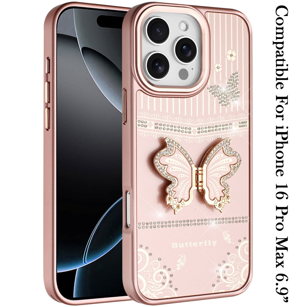 For iPhone 16 Pro Max (6.9") Glitter 3D Butterfly Design Bling Metallic Edge Hybrid Stand Drop Protection TPU Shockproof Protector