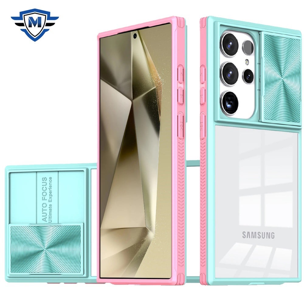 For Samsung Galaxy S24+ Plus Hybrid Cases with Sliding Camera Cover Transparent Shockproof Bumper TPU Protective Case Cover Pink/Blue