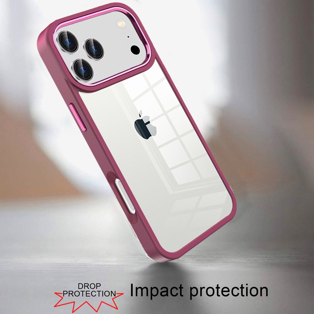 For Apple iPhone 17 Pro Max (6.9") Slim Fit Hybrid Transparent Thick Acrylic with Metal Buttons Frame Protective Hard PC + TPU Shockproof Case Cover Burgundy