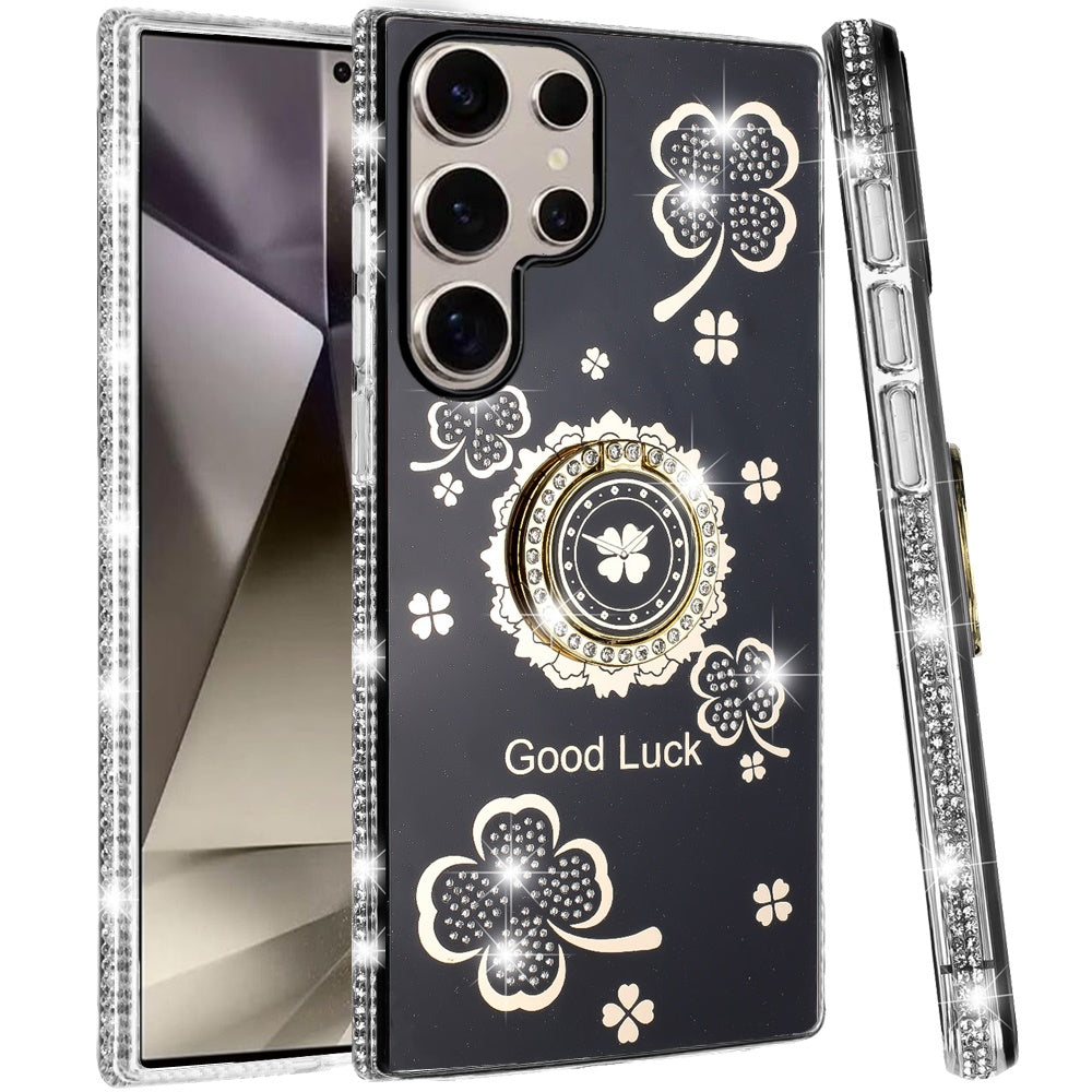 For Samsung Galaxy S25 Ultra Diamonds Bling All Around Edges Sparkly Glitter Hybrid with Ring Stand Holder Fashion Good Luck Case Cover