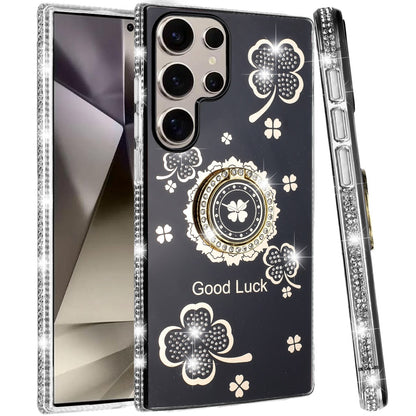 For Samsung Galaxy S25 Ultra Diamonds Bling All Around Edges Sparkly Glitter Hybrid with Ring Stand Holder Fashion Good Luck Case Cover