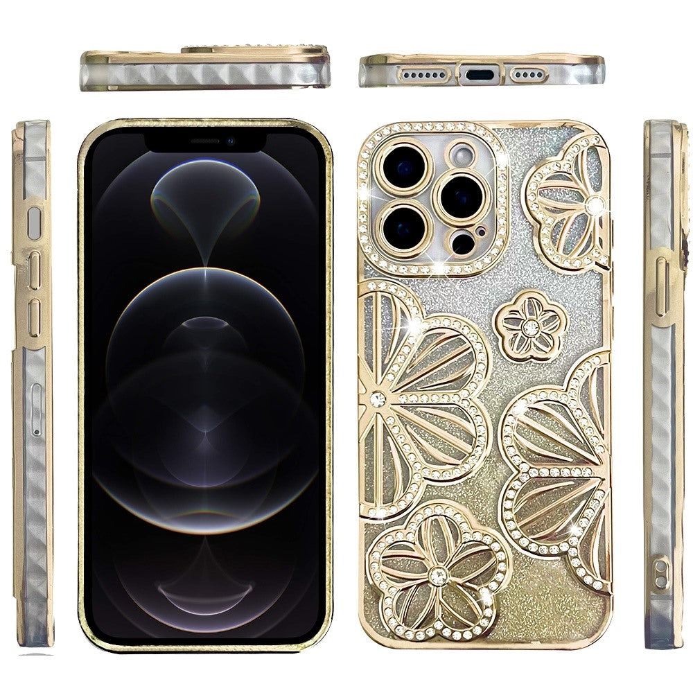 For Samsung Galaxy A16 Luxury Flower Design Sparkle Glitter Diamond Rhinestone Shimmer Bling Plating Thick TPU Hard PC Case Cover Flower Gold