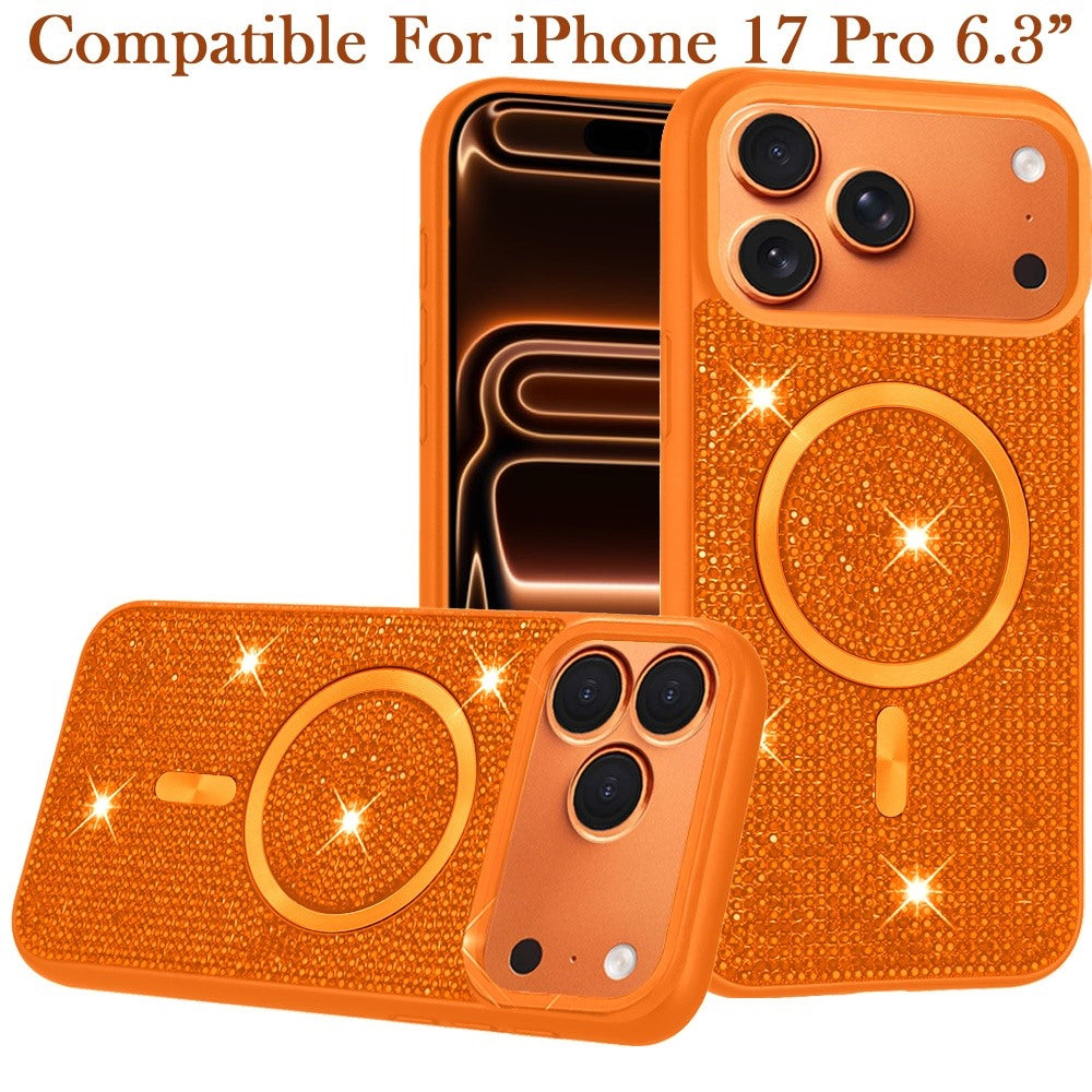 Phone Case for Apple iPhone 17 Pro Magnetic Bling Diamond Sparkle Hybrid Shockproof Rugged Grip Durable Protection Anti-Slip Armor Design Cover Cosmic Orange