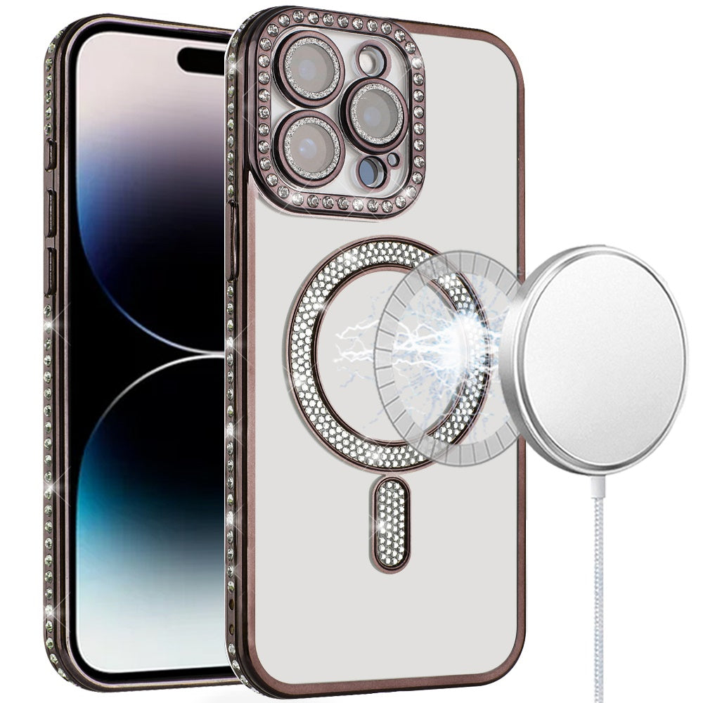 For Apple iPhone 15 Bling Case with Diamond Magnetic Circle, Transparent Slim Shockproof Hybrid Slim Fit Case Cover
